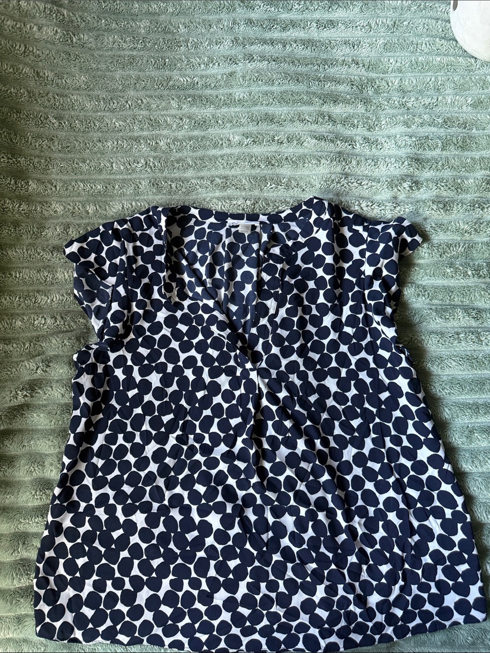Calvin Klein Navy and White Oversized Dot V-Neck Blouse